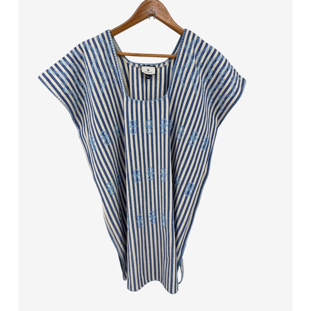 Tuckernuck Sullivan Caftan Womens L Blue White Stripe Embroidered Swim Cover Up